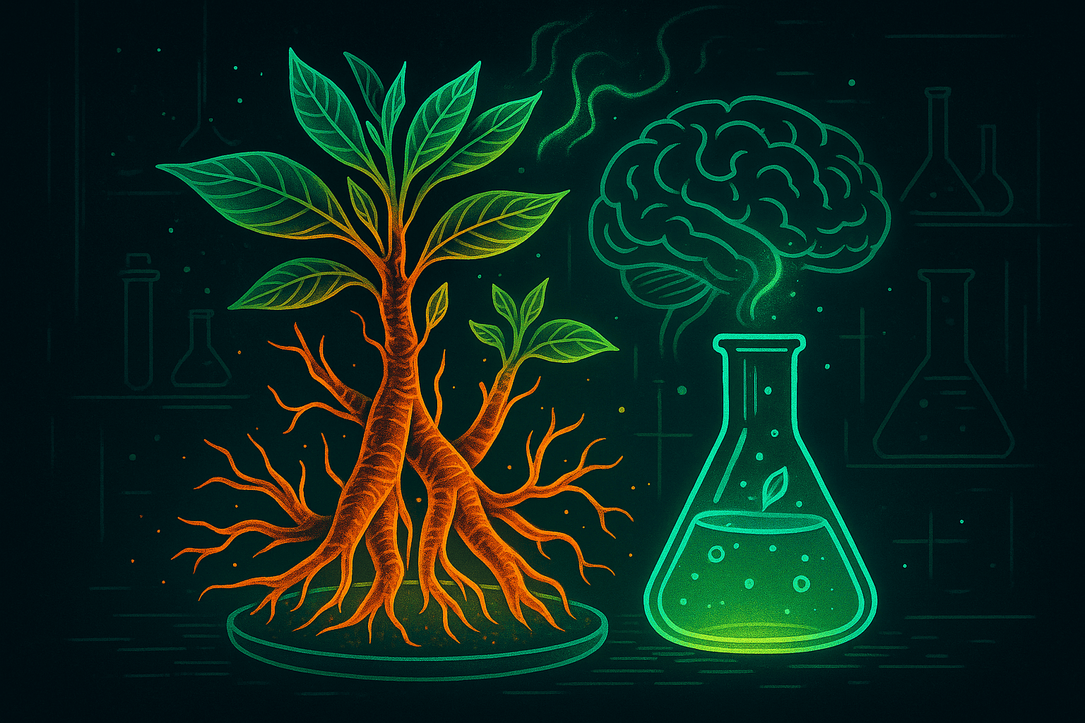 Ashwagandha plant roots glowing in a stylized neon lab setting