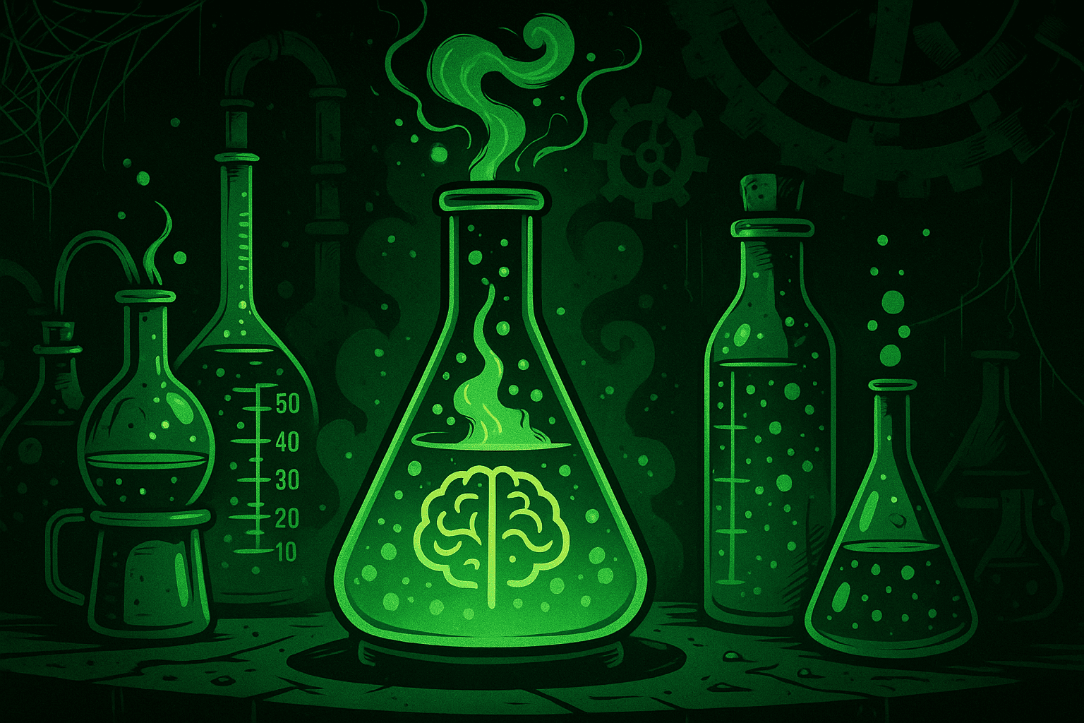 A futuristic lab with glowing vials and brain-enhancing concoctions