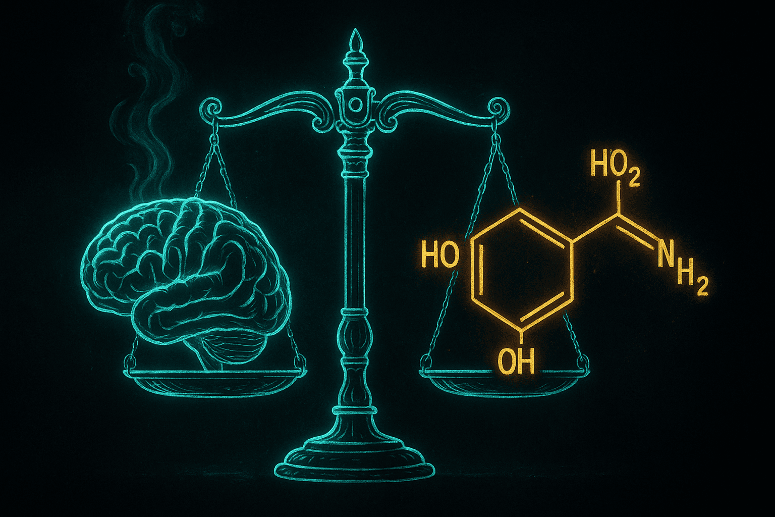 A neon balance scale symbolizing dopamine imbalance in the brain