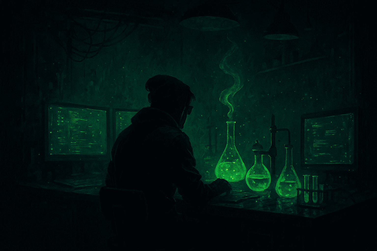 A solitary figure in a neon lab, surrounded by glowing screens and beakers