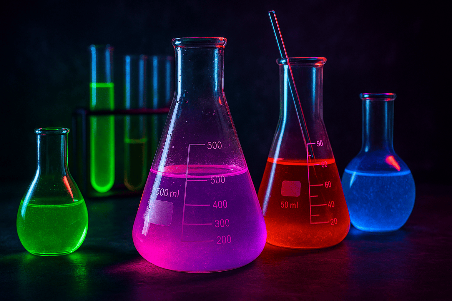 Lab beakers filled with neon brain elixirs