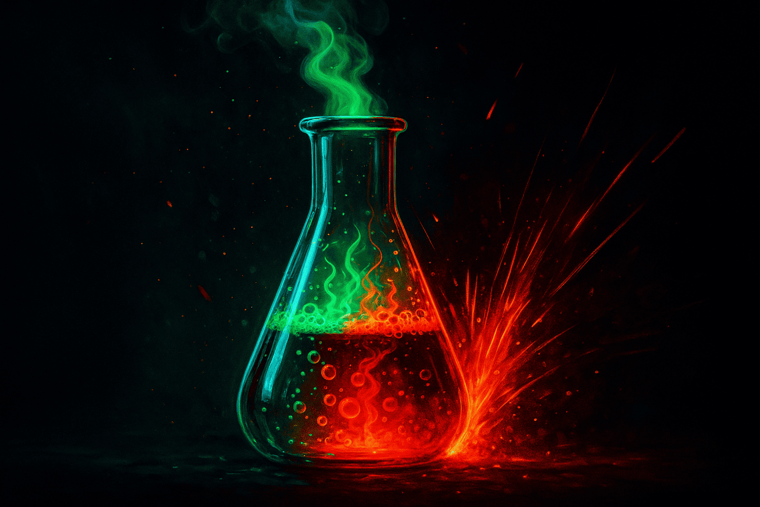 A volatile lab beaker glowing red and green amid sparks
